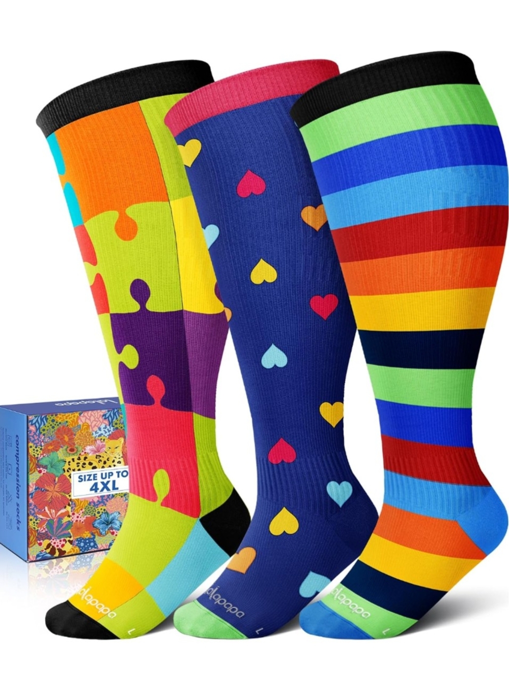 NWT 3-Pair Wide Calf Compression Knee-High Socks - Bright Multi-Color Pack